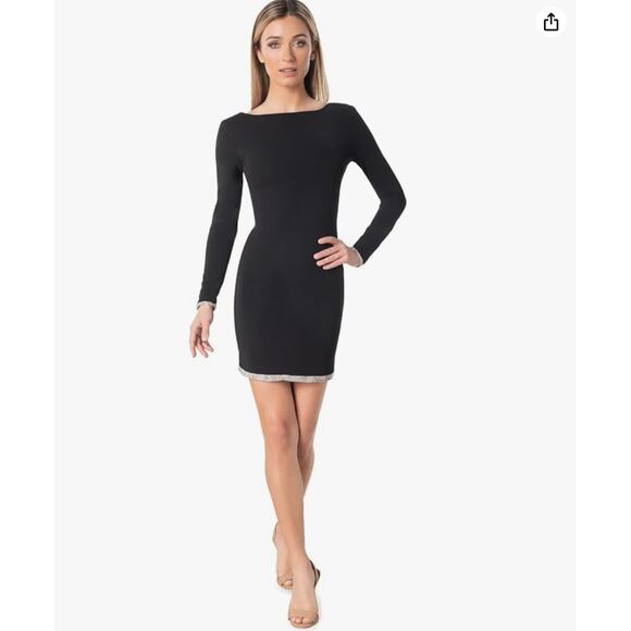 DRESS THE POPULATION Women's Rhinestone-Trim Boat-Neck Mini Dress Black L - Picture 1 of 6